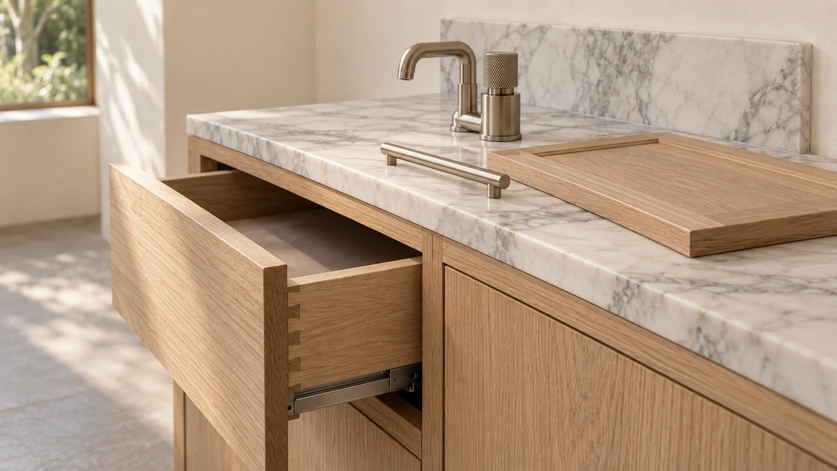 Kitchen specification concept featuring oak drawer construction, marble samples, a tap and unbranded hardware.