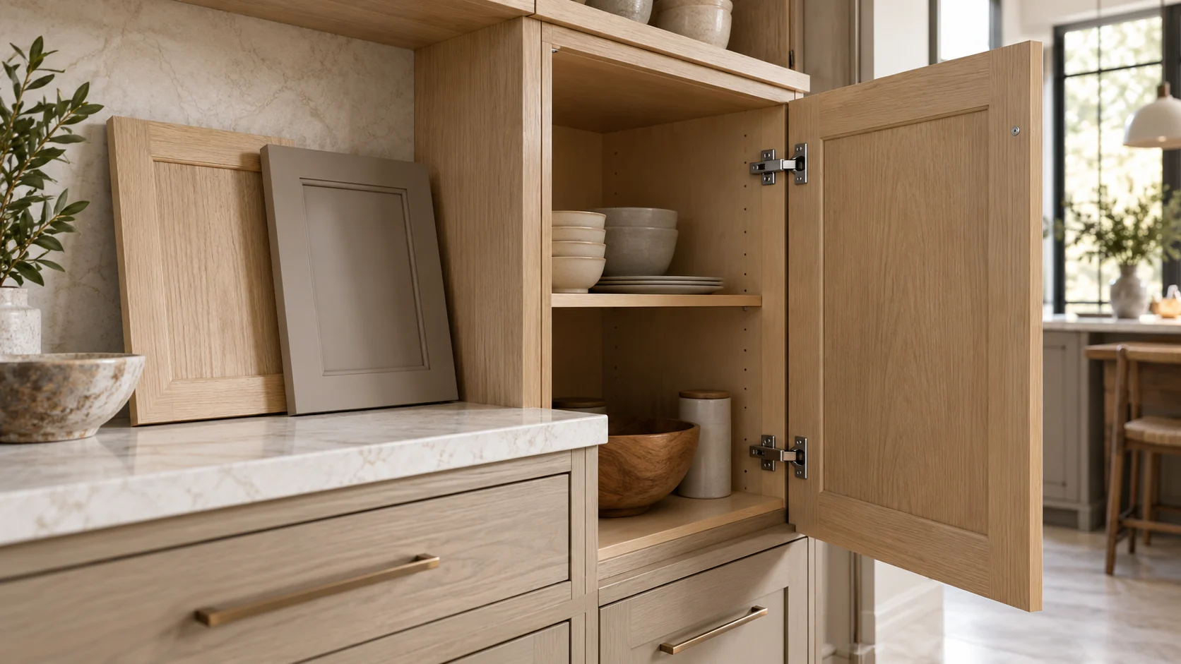 An open pale-oak kitchen cabinet reveals shelves and visible hinges beside oak and muted taupe cabinet-door samples on a stone counter. Design concept.