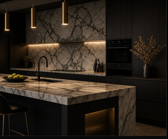 AI editorial still of a dark marble kitchen island with brass pendants — not a real completed job